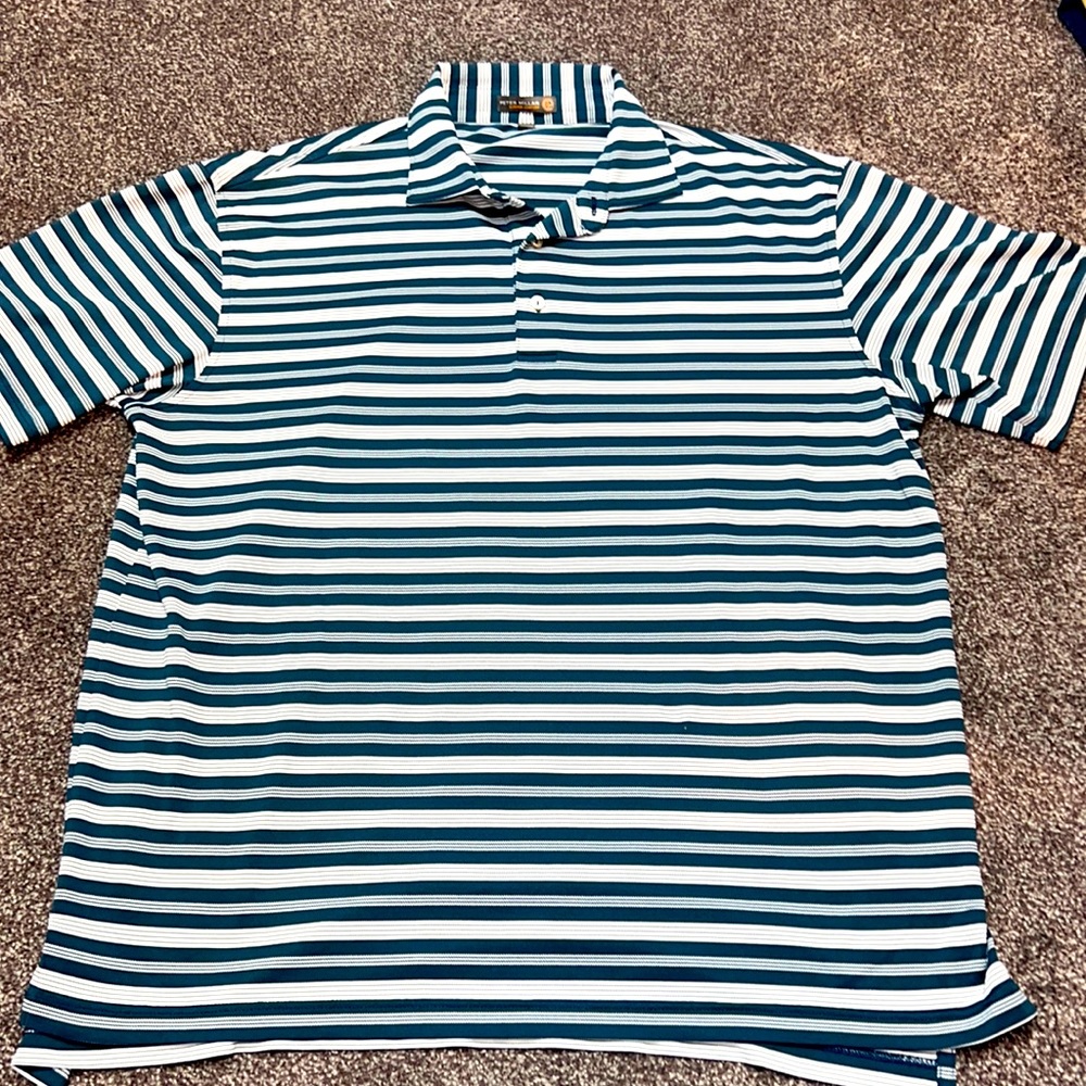 Peter Millar Teal and White Striped Polo Shirt